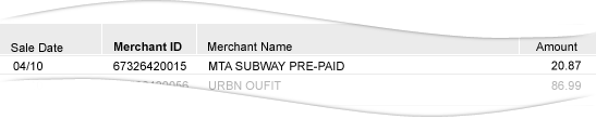 Snipplet of Billing Statement demonstrating "MTA SUBWAY PRE-PAY"
as Merchant.