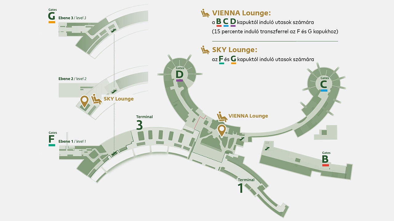 Repülőtéri alaprajz térkép jelölt lounge-okkal, kapukkal, parkolóval és terminálrészekkel