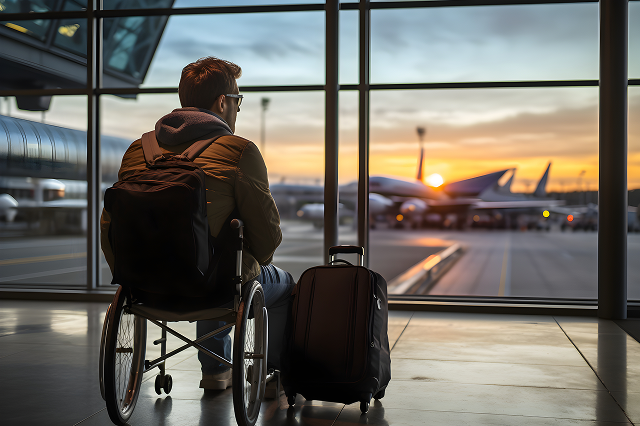 Man in wheelchair looking out the window at airport