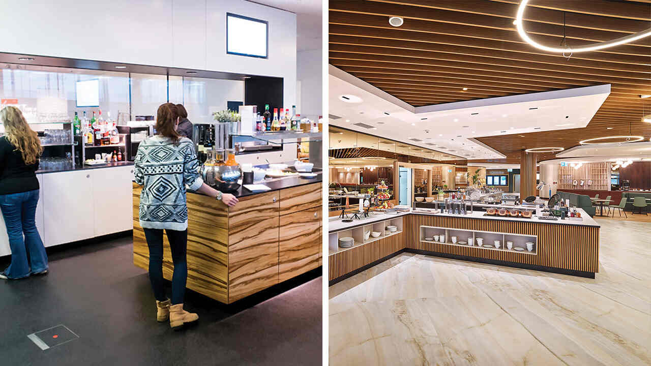 Modern éttermi büfé és lounge tér egymás mellett, letisztult belsőépítészettel és meleg fényekkel.
