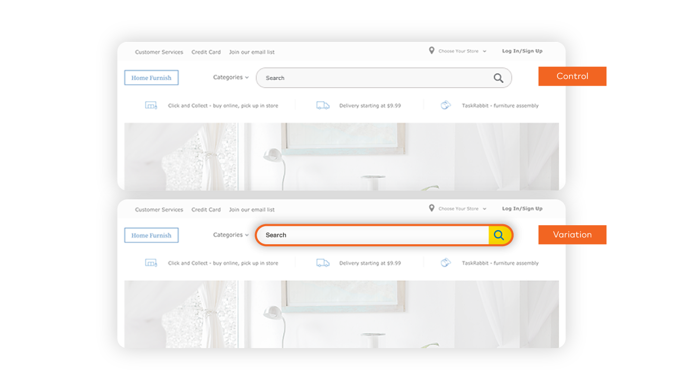 Two variations of the search box to encourage goal-oriented shoppers to find what they are looking for 
