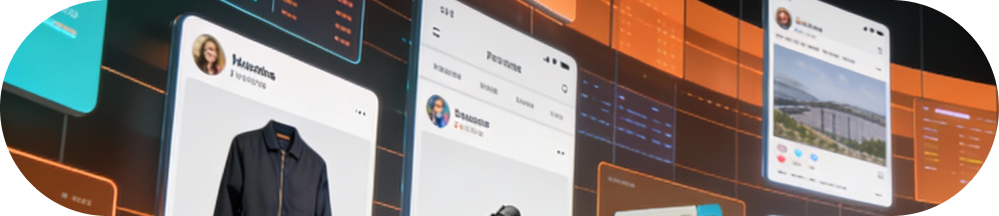 A digital landscape with various UI elements depicting agentic commerce