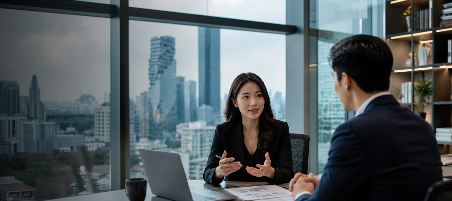 Bangkok business woman and man talking