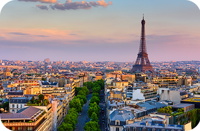 Paris skyline at sunset.