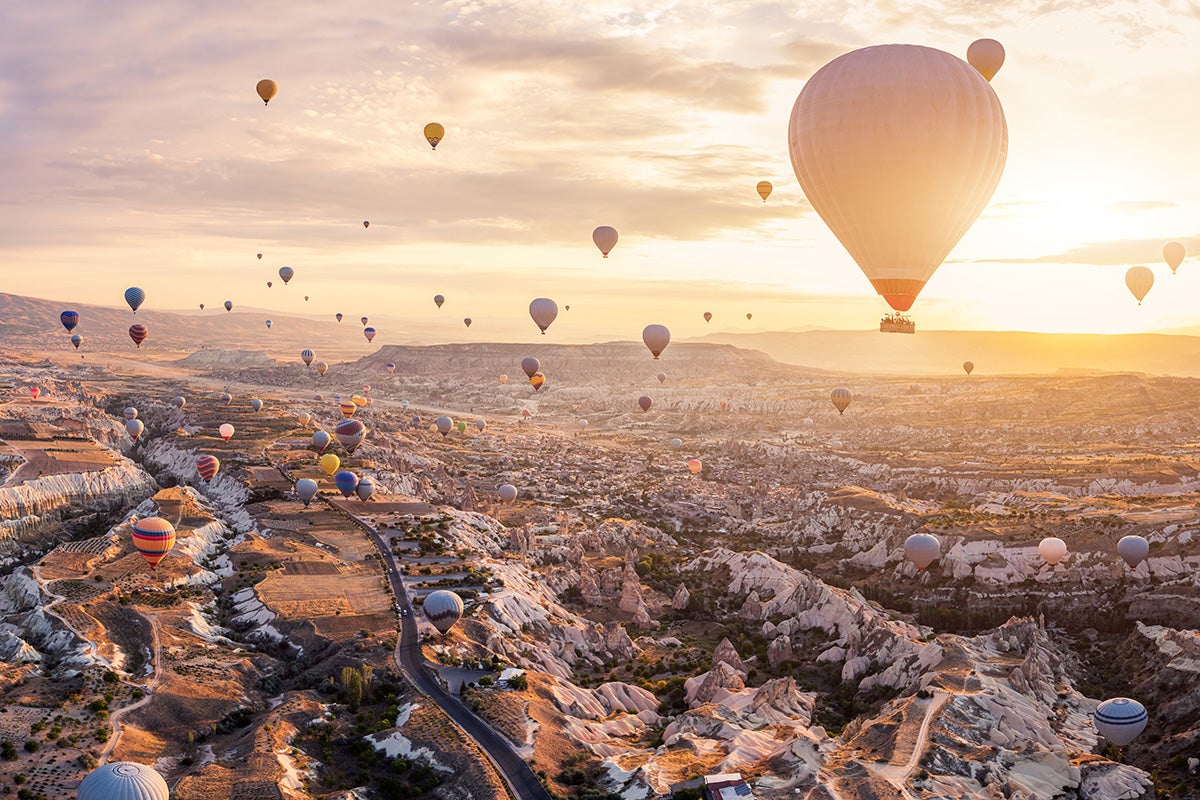 Vista de muchos globos aerostáticos elevándose hacia el cielo.