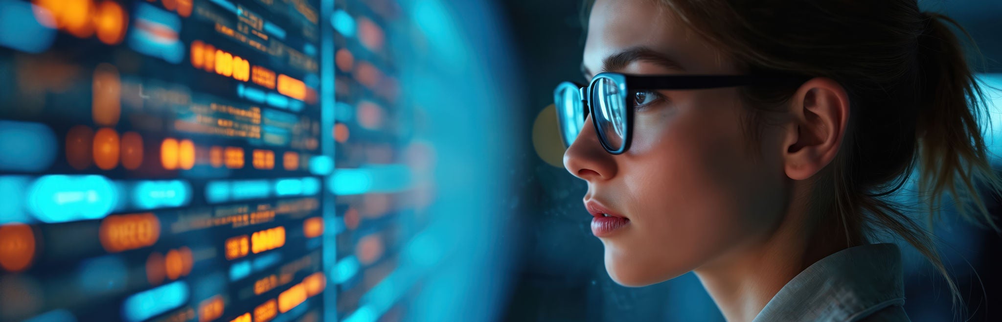 Woman glaring at multi media display