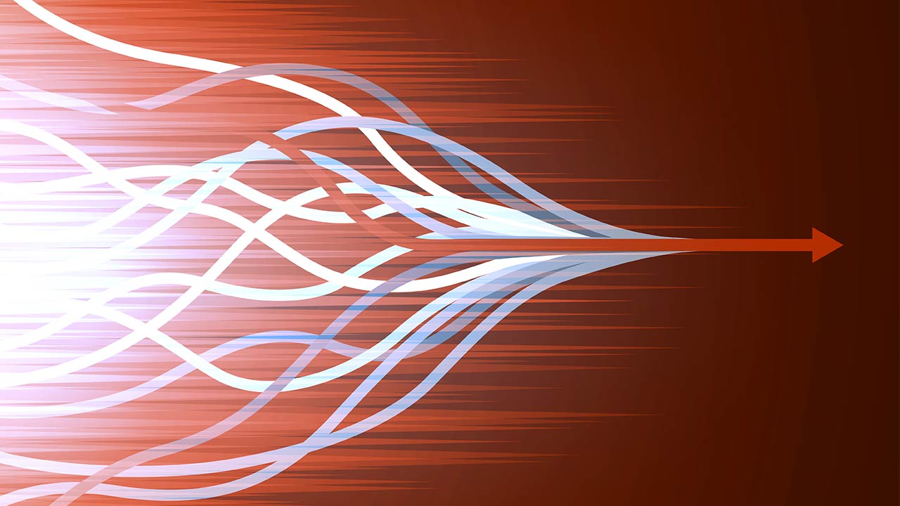 Absztrakt grafika jobbra mutató nyíllal, amelybe több, egymásba fonódó világos vonal fut bele, a haladás és az irányított fejlődés vizuális jelképeként.