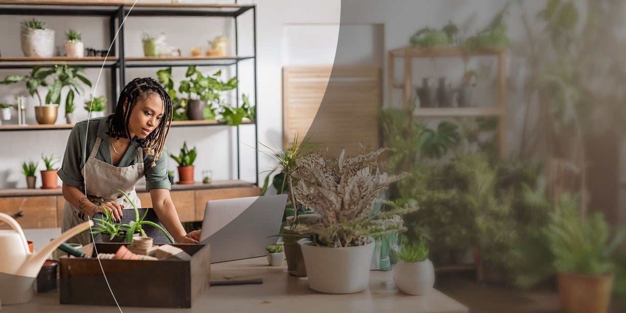 אישה שקועה במחשב הנייד שלה, מוקפת בצמחים שונים בחנות צמחים תוססת.