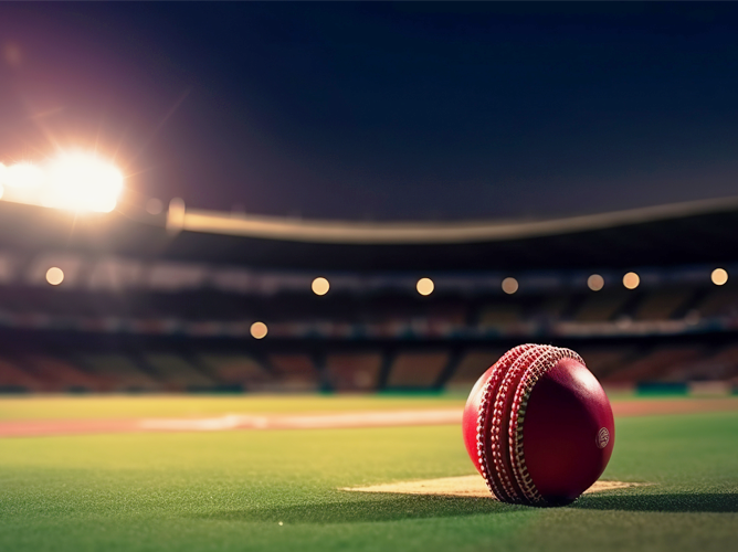 A red cricket ball resting on the pitch in a brightly lit stadium, highlighting the economic impact of the ICC Cricket World Cup.