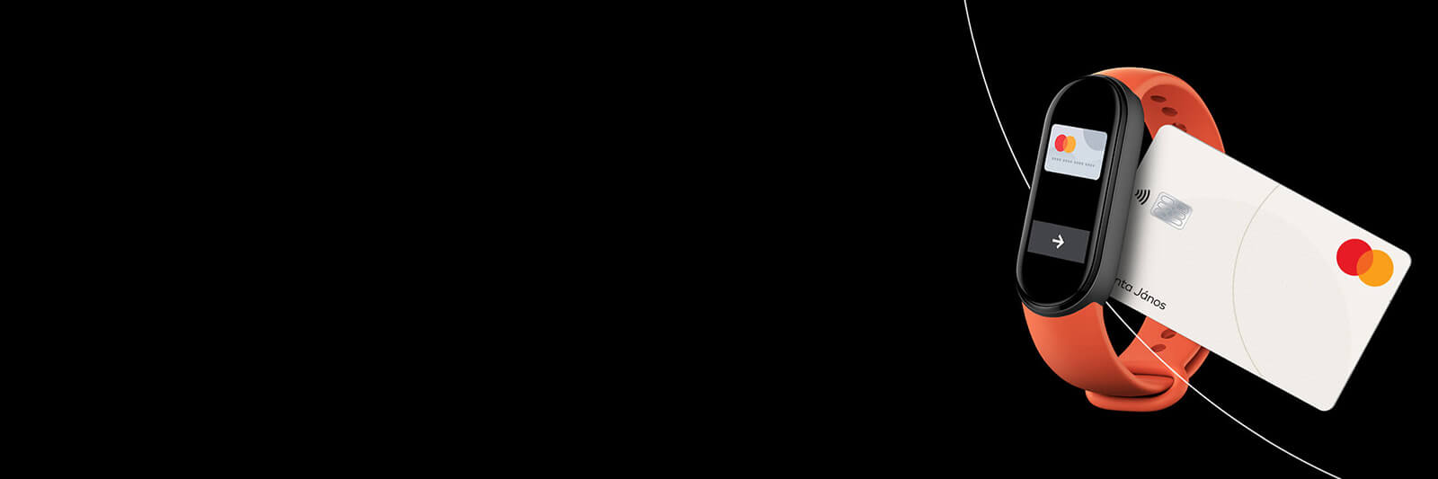 Xiaomi okoskarkötő érintéses fizetéshez Mastercard bankkártyával, fekete háttéren, modern termékmegjelenítéssel.