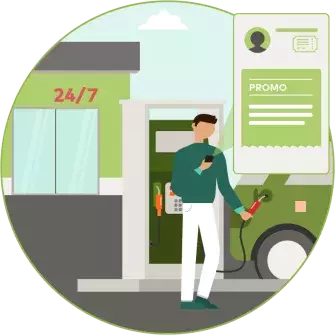 Man looking at phone displaying promos at a petrol station illustration