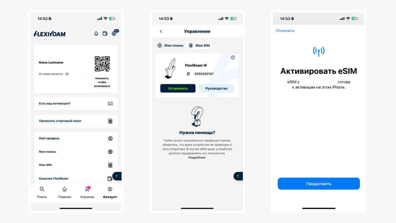 Процесс активации в приложении Flexiroam