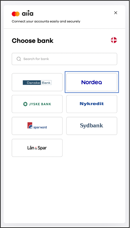Screenshot di Aiia con la pagina "Scegli una banca"