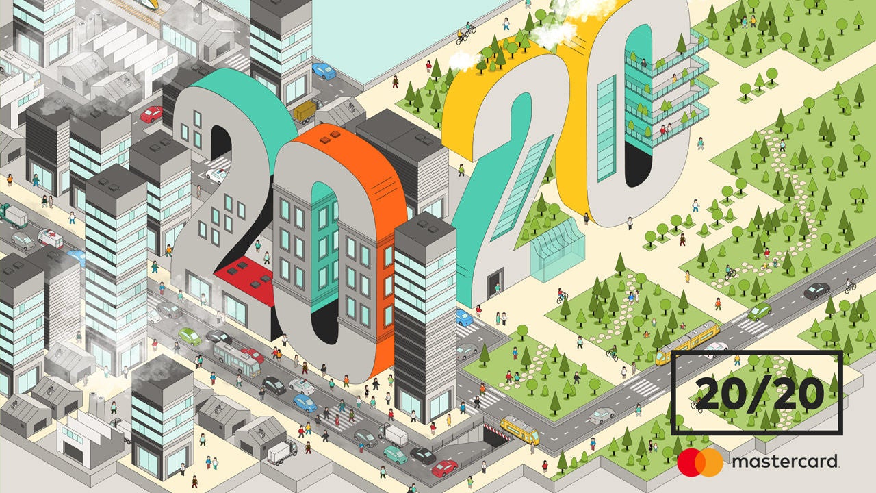 Illusztrált városkép, ahol az épületek a „2020” számjegyeit formázzák, bal oldalon sűrű városi környezettel, jobb oldalon zöld parkos területtel, sok apró figurával és közlekedési elemmel.