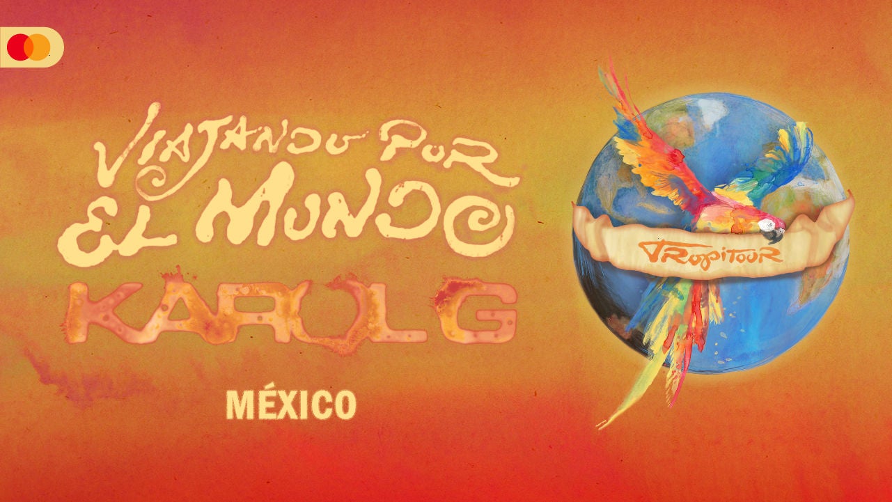 Banner promocional con ilustración de un globo terráqueo atravesado por un ave de colores sobre un fondo naranja, junto al texto “Viajando por el Mundo Karol G México”.