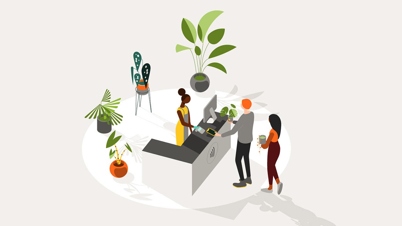 Illustration Pflanzenladen-Transaktion.