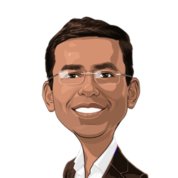 Money 20/20 style cartoon headshot of Raj Dhamodharan, Executive Vice President, Blockchain & Digital Assets  
