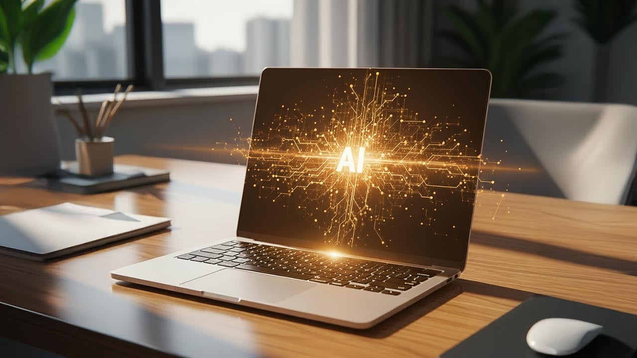 Powerful glowing AI on laptop screen.