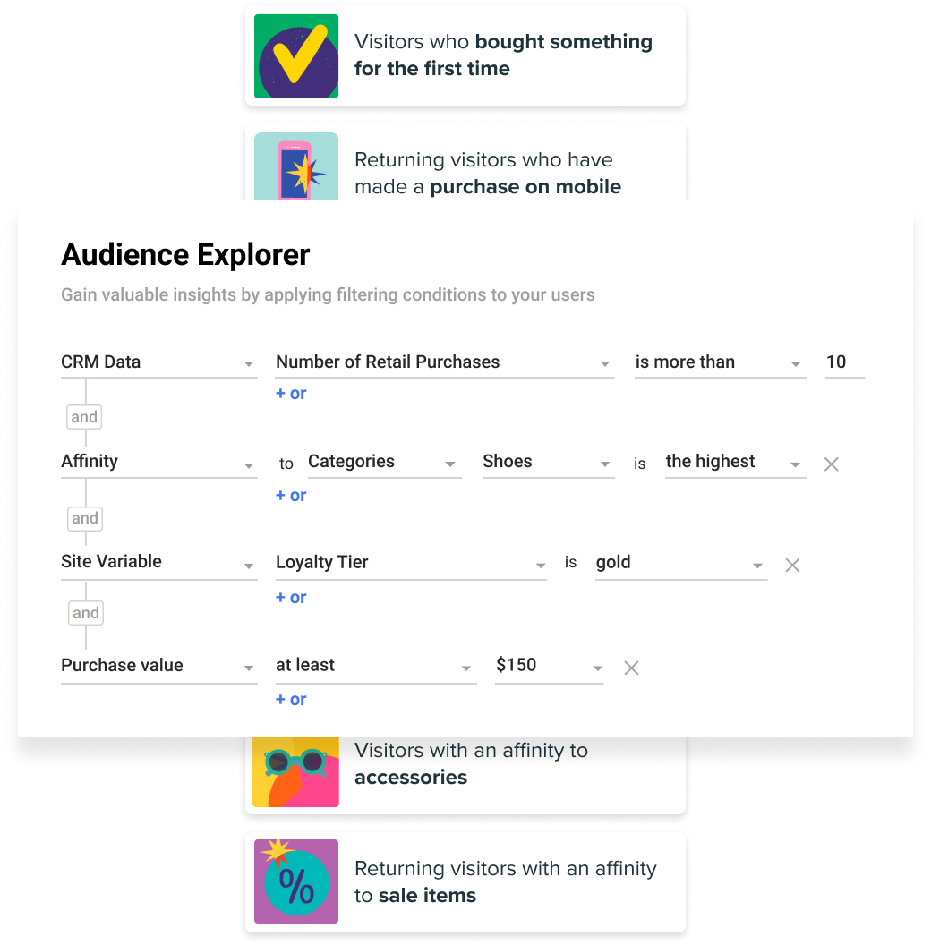 Screenshot of Dynamic Yield's audience explorer showing an audience made up of different targeting criteria