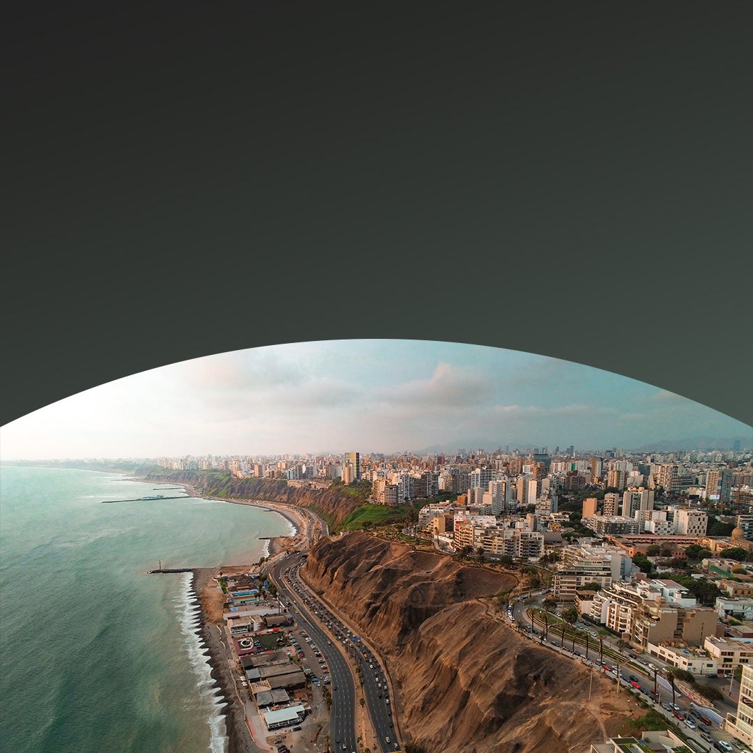 Distant view of coastal city.