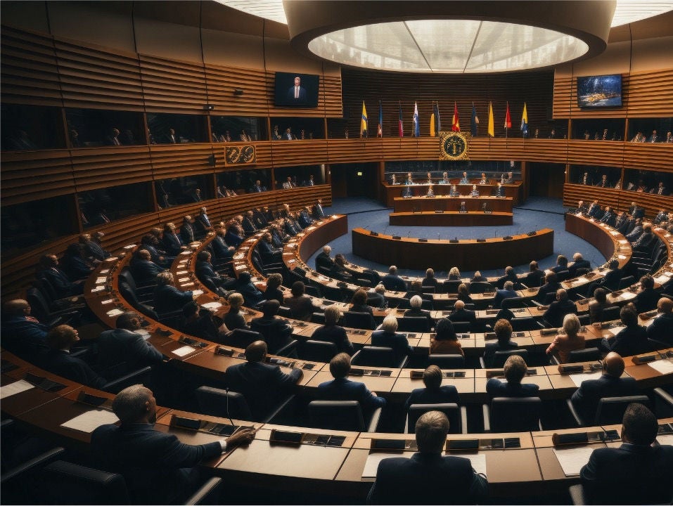 Large conference hall with circular seating and global delegates attending a session