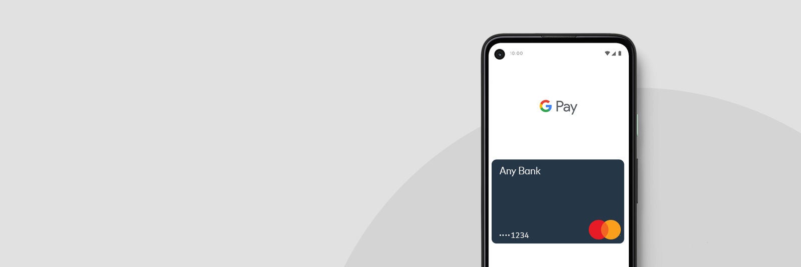 Google Pay alkalmazást megjelenítő okostelefon képernyő Mastercard kártyával, letisztult szürke háttéren.