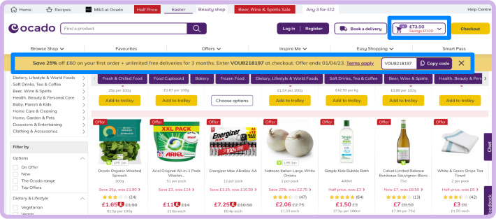 A first-time shopper sees the above homepage experience. They are able to browse all products and build a cart before creating a mandatory account. A promotional offer for first orders appears in the top banner, with the personalized amount displayed at the cart.