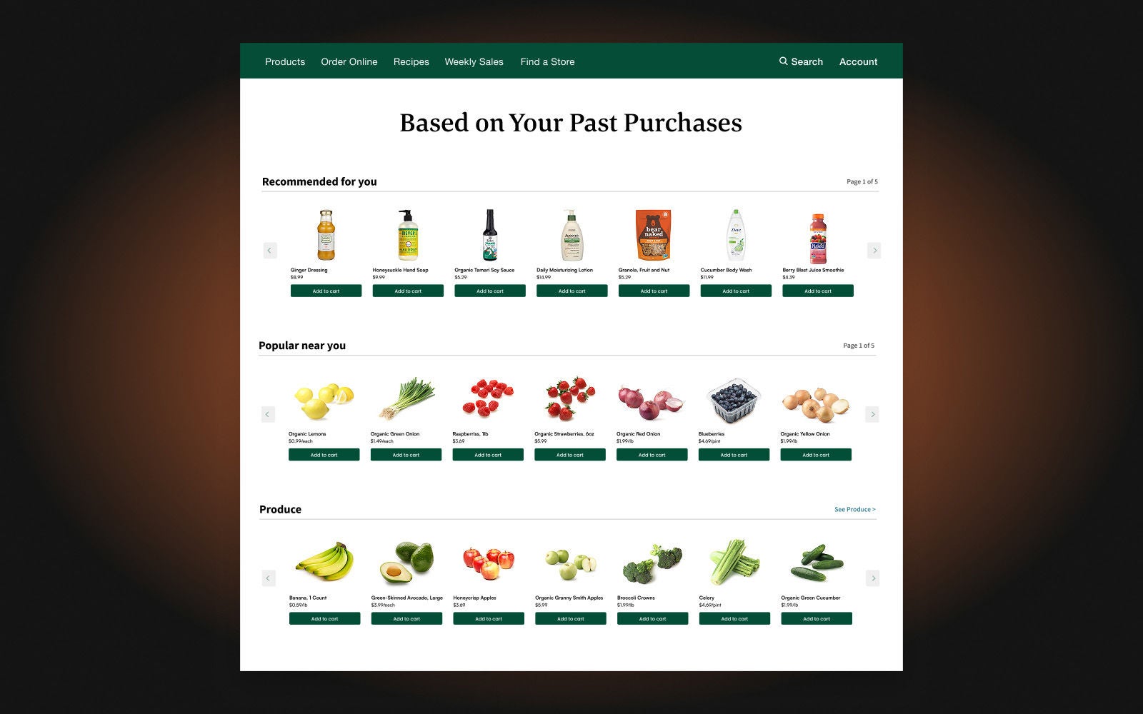 Grocery website remembering customer's previous purchases