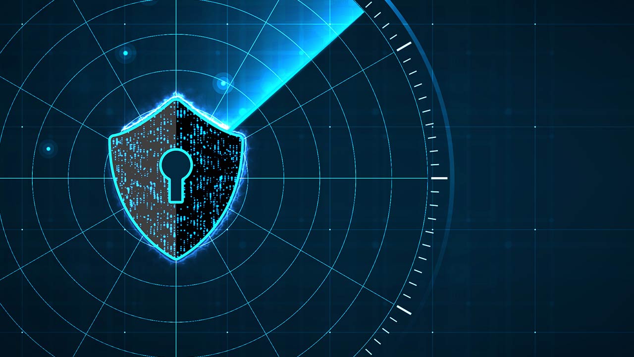 Protect and scan computer virus attack with shield icon.