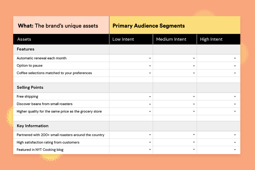 This sample spreadsheet has been populated with the unique selling propositions that may appeal to consumers of this (fictional) Coffee Subscription Company.