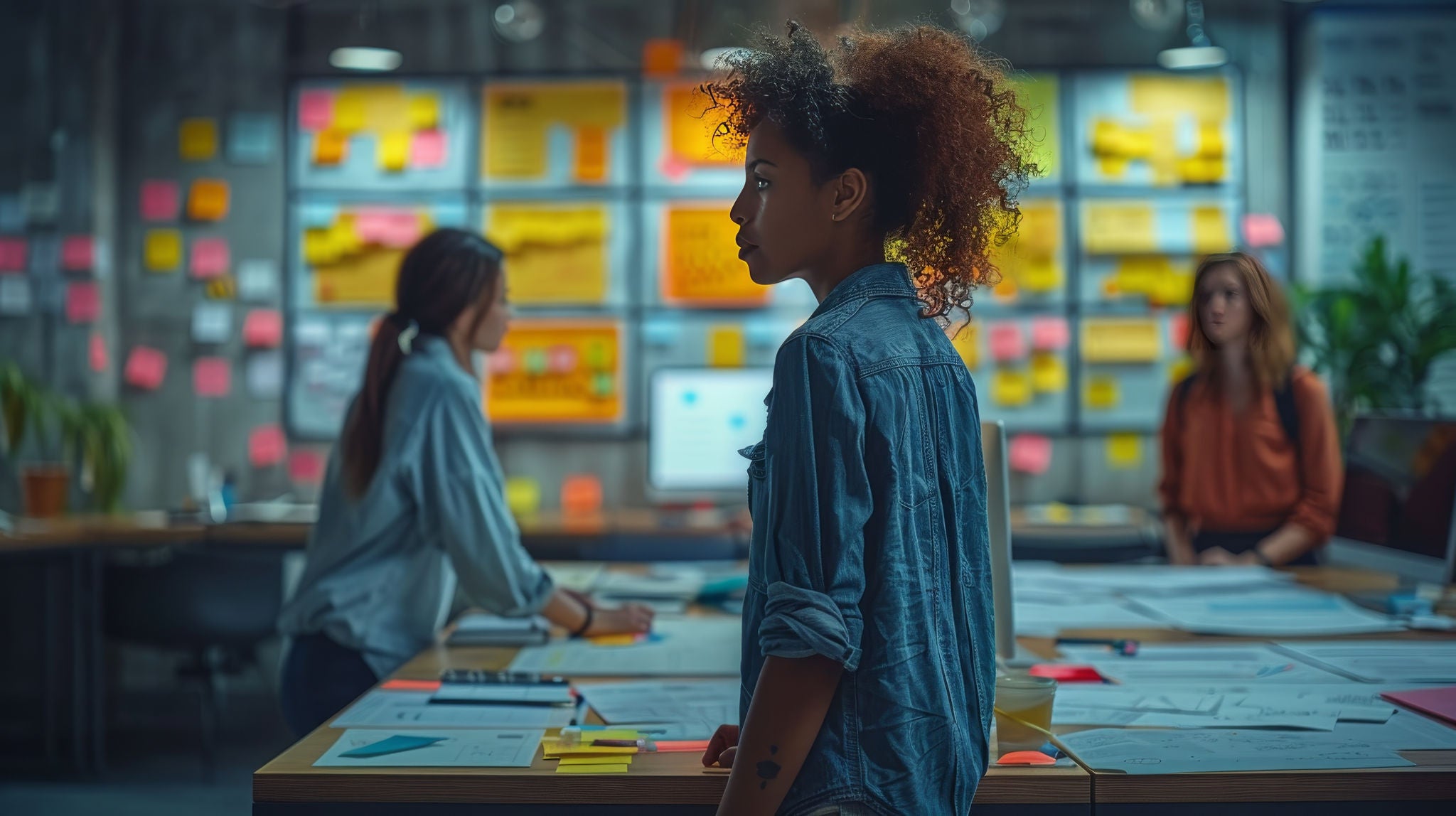 A dynamic scene of a design sprint workshop, with designers brainstorming ideas, using whiteboards, post-it notes, and laptops, capturing the collaborative spirit of UI/UX design.