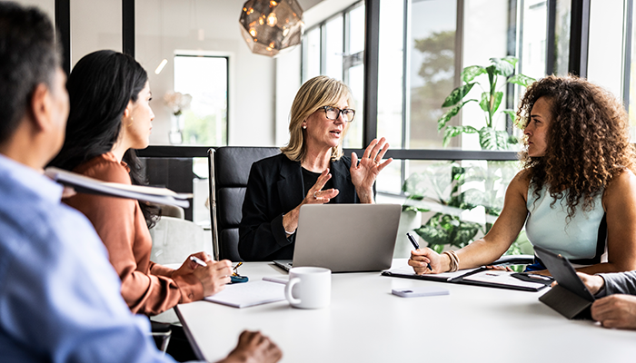 Woman leading her coworkers in a meeting