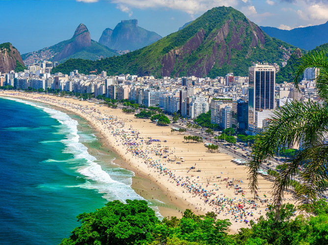 Panoramic view of Copacabana Beach in Rio de Janeiro, Brazil, featuring a vibrant cityscape, clear blue ocean, and lush green mountains in the background on a sunny day.