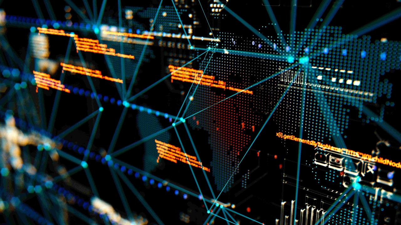 Abstract image of lines of code connected by points of light. 