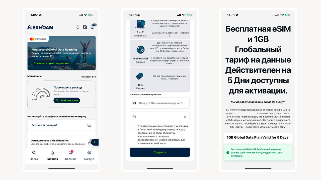 Процесс активации в приложении Flexiroam