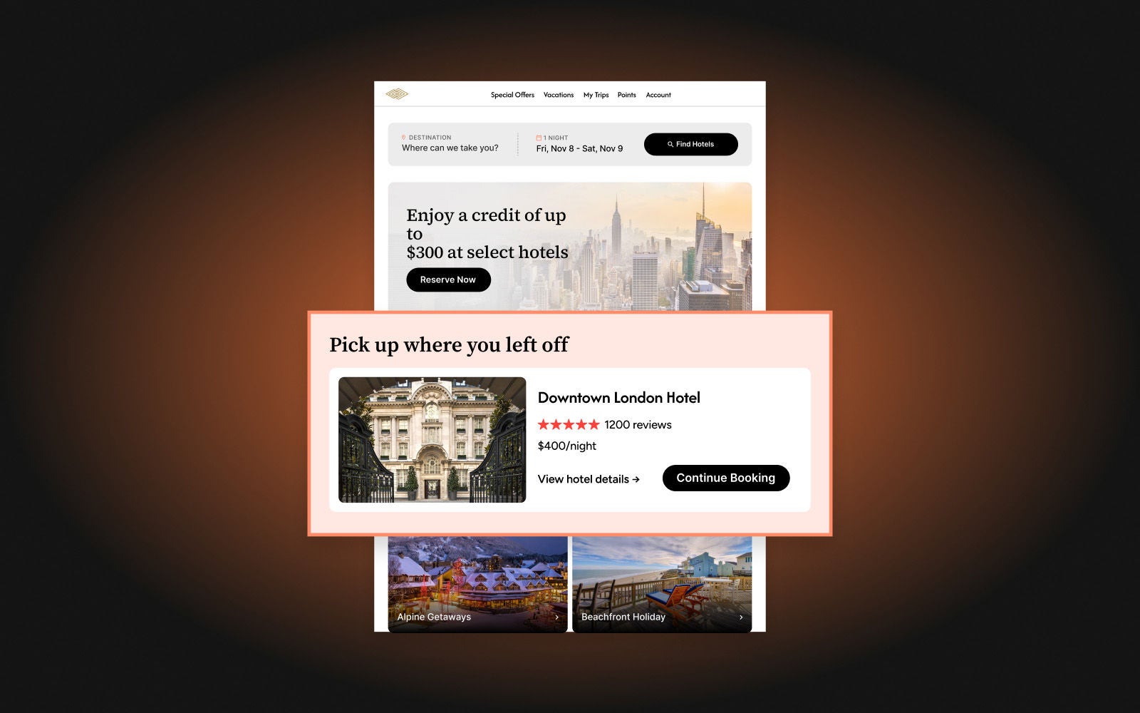 Example of a section that encourages to continue booking