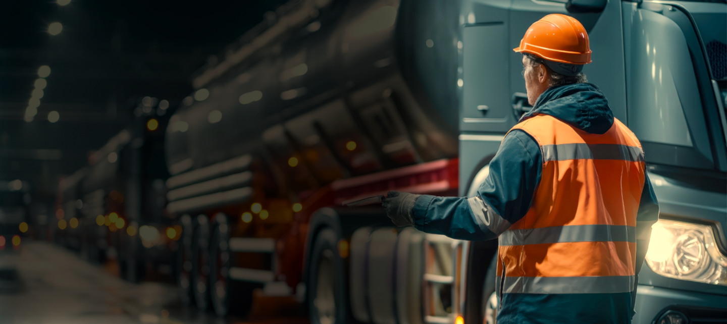 A worker in a high-visibility orange vest and hard hat stands beside a line of parked heavy vehicles.