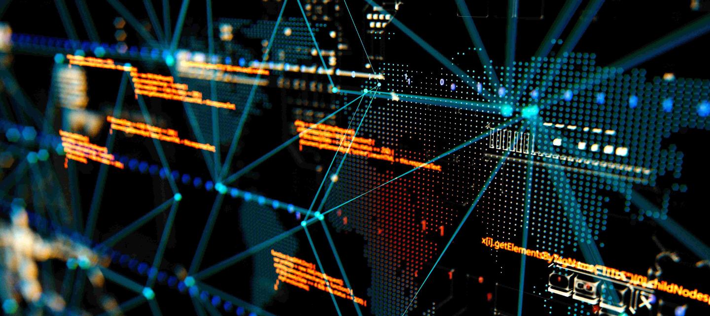 Abstract image of lines of code connected by points of light. 