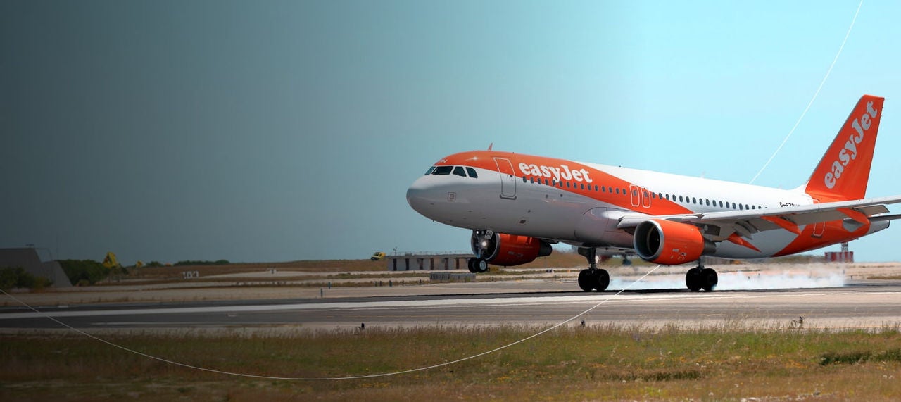 row of easyjet planes parked at airport tarmac
