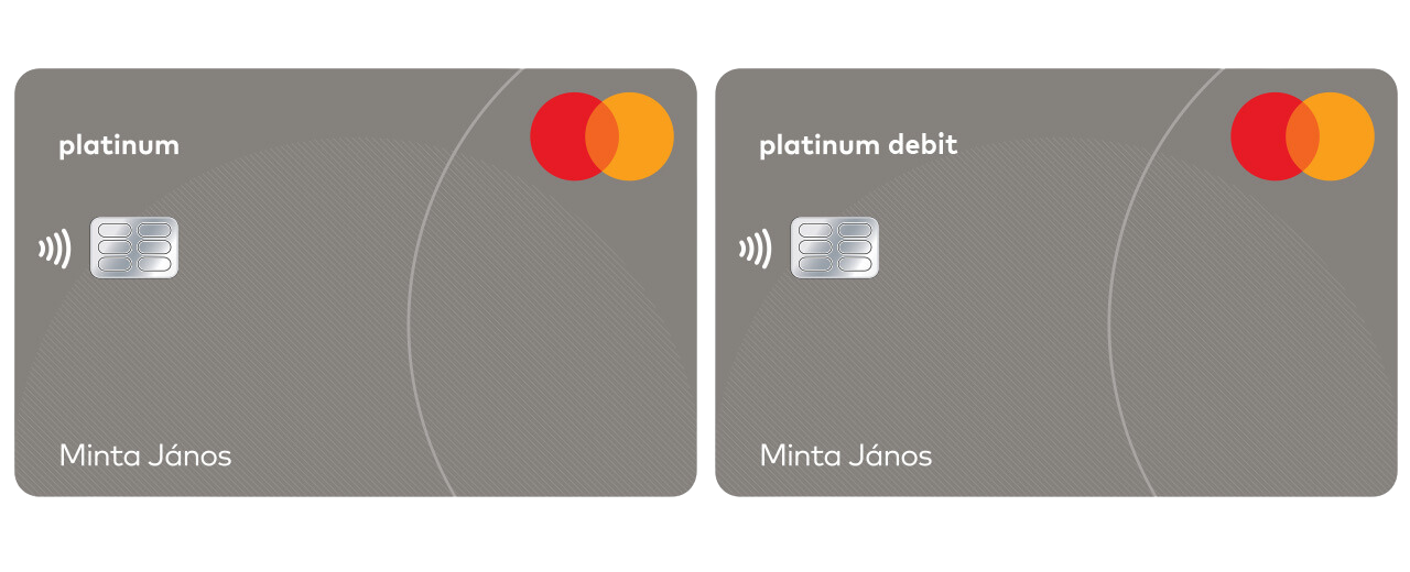 Mastercard Platinum és Platinum Debit bankkártyák egymás mellett, szürke dizájnnal és érintéses fizetési jelzéssel.