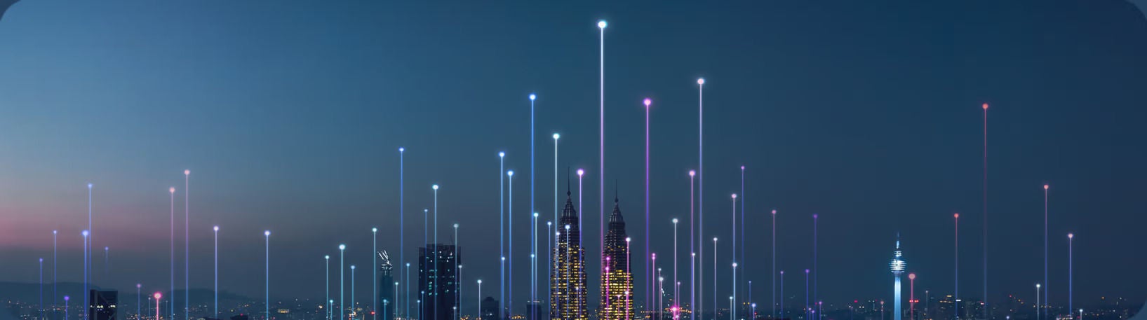 Abstrakte Skyline-Ansicht mit überlagerten Datenpunkten.