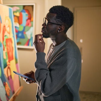 Man leaving a convenience store illustration