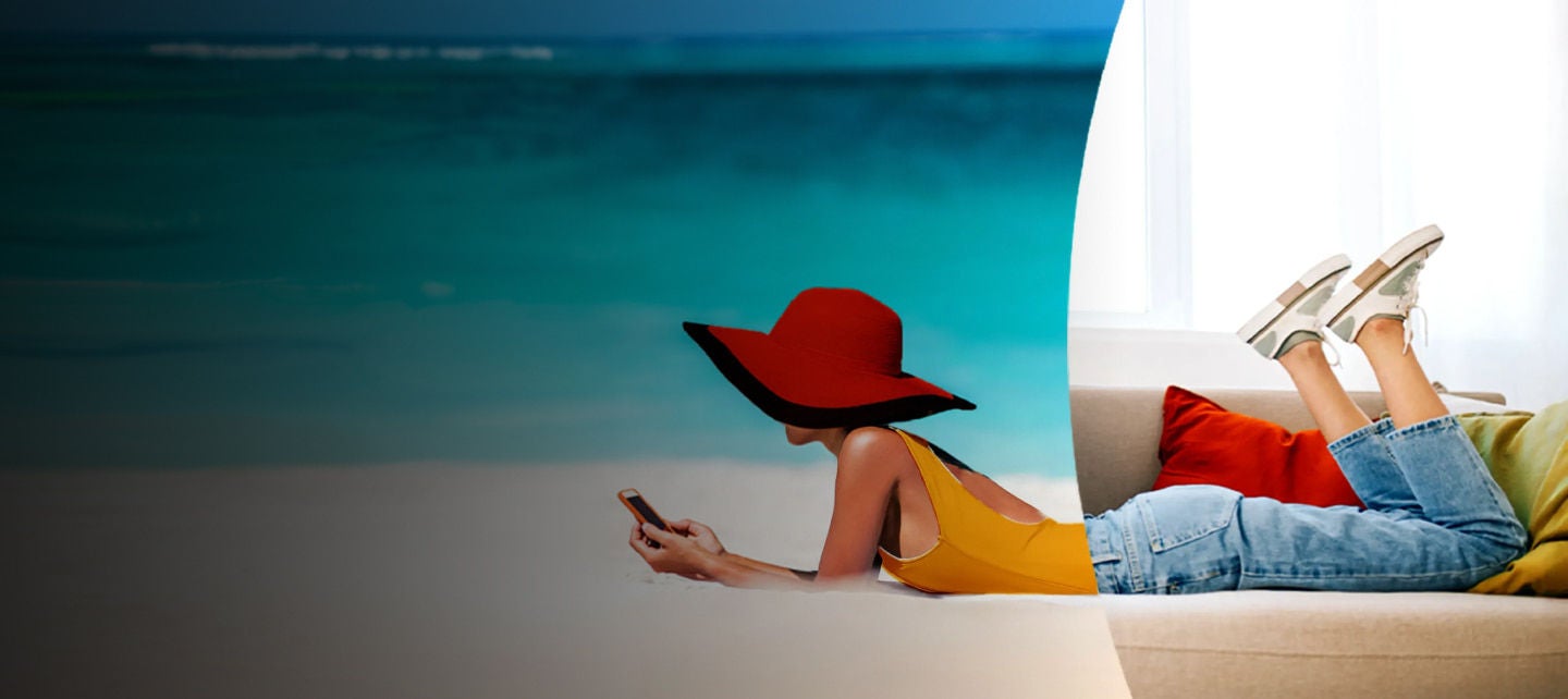 woman lying on a beach and sofa indoors