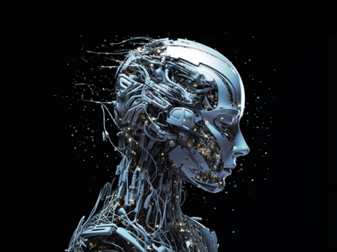 A profile view of a futuristic chrome cyborg, representing how the AI economy is transforming the shopping experience.