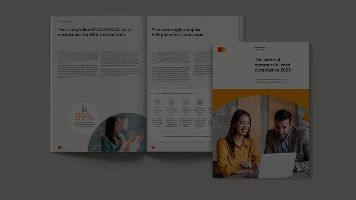 Mastercard white paper titled "The state of commercial card acceptance 2025," showcasing a report on B2B payments, commercial card value, and the complex payment landscape.