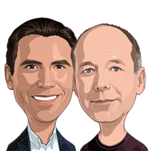 Money 20/20 style cartoon headshot of Johan Gerber, Global Head of Security Solutions and Colin Mahony, President, Recorded Future