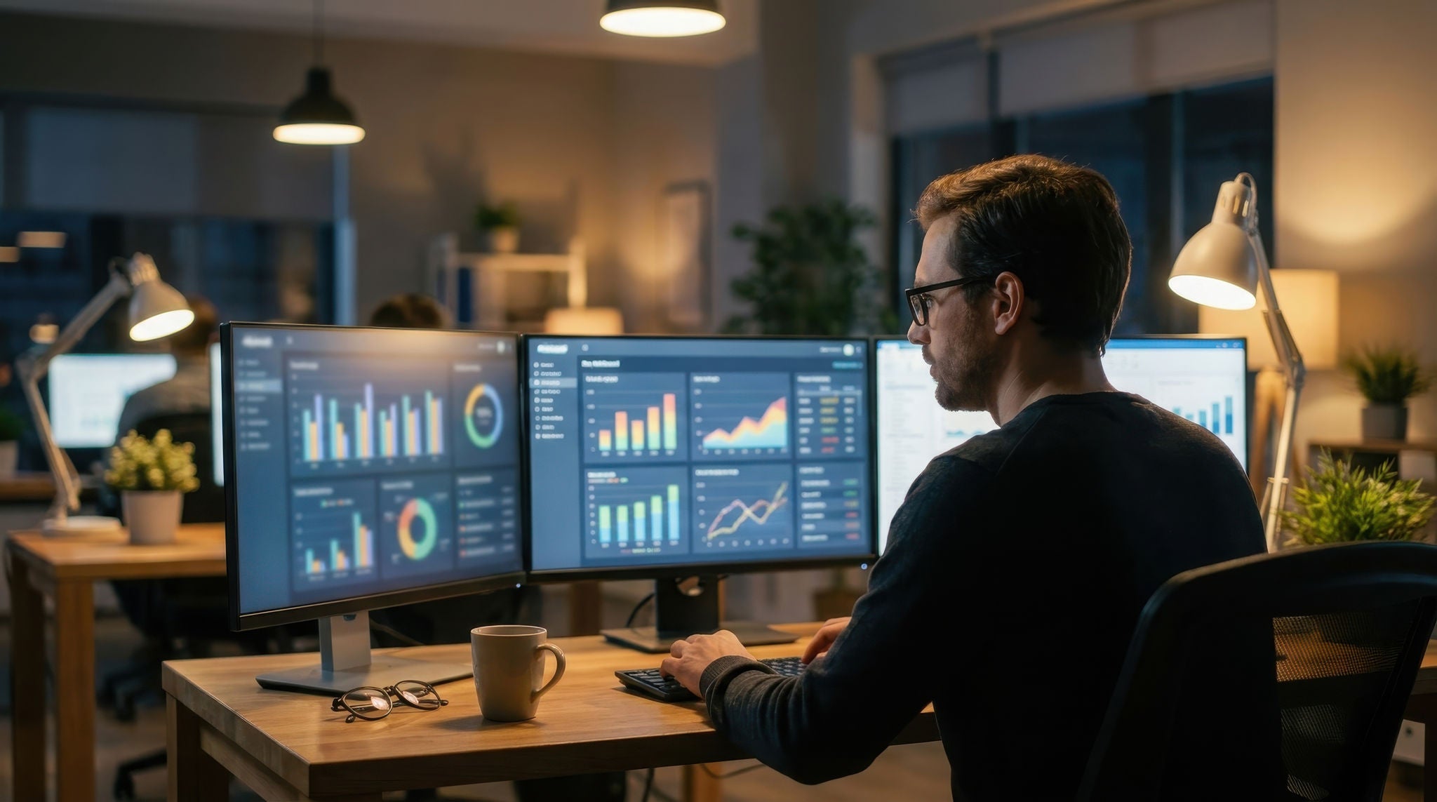 Professional data analyst working on financial charts in a modern office