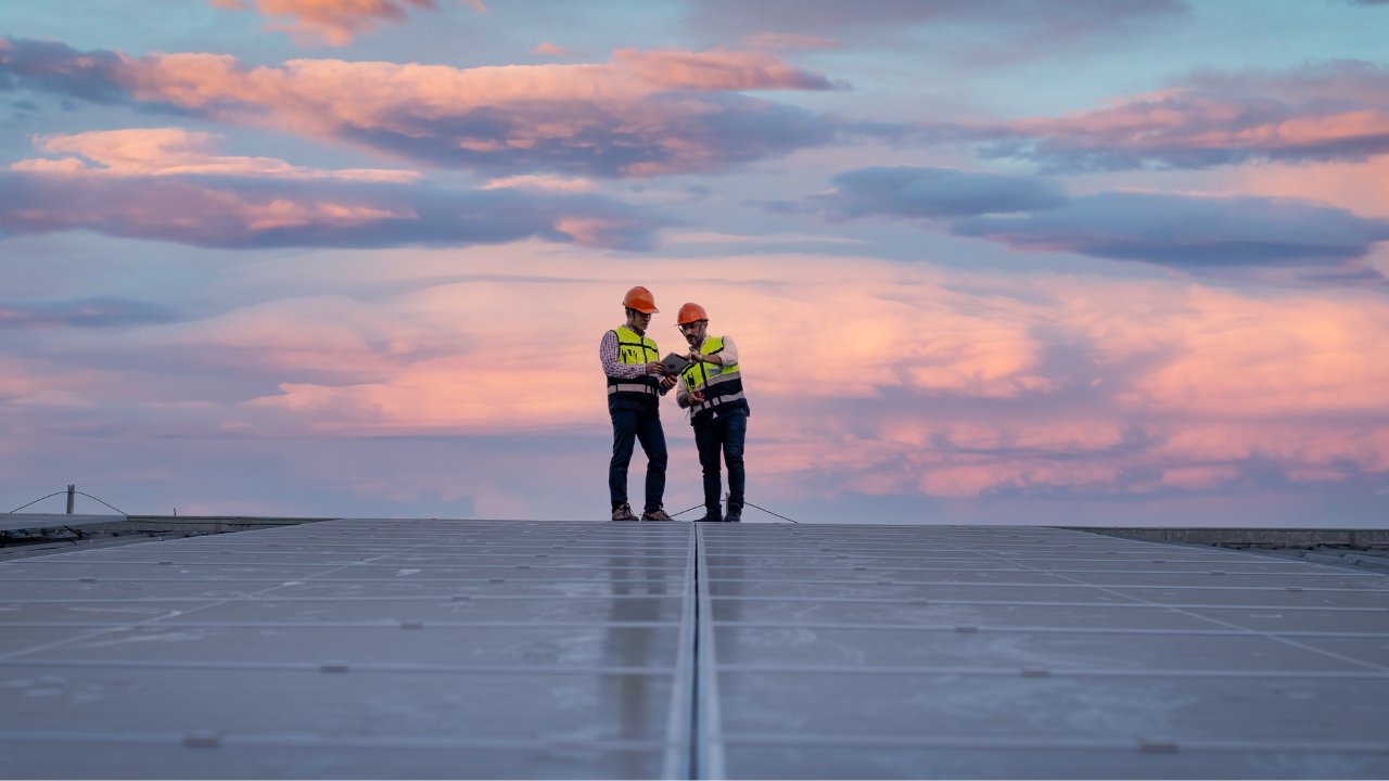 Two workers in hard hats in vests stands above a field of solar panels at sunrise. 