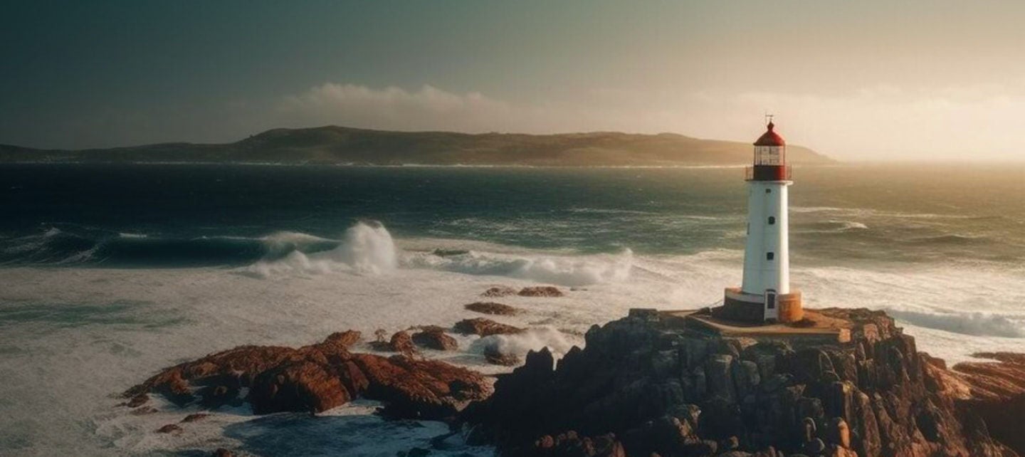 lighthouse on a rocky coast with waves