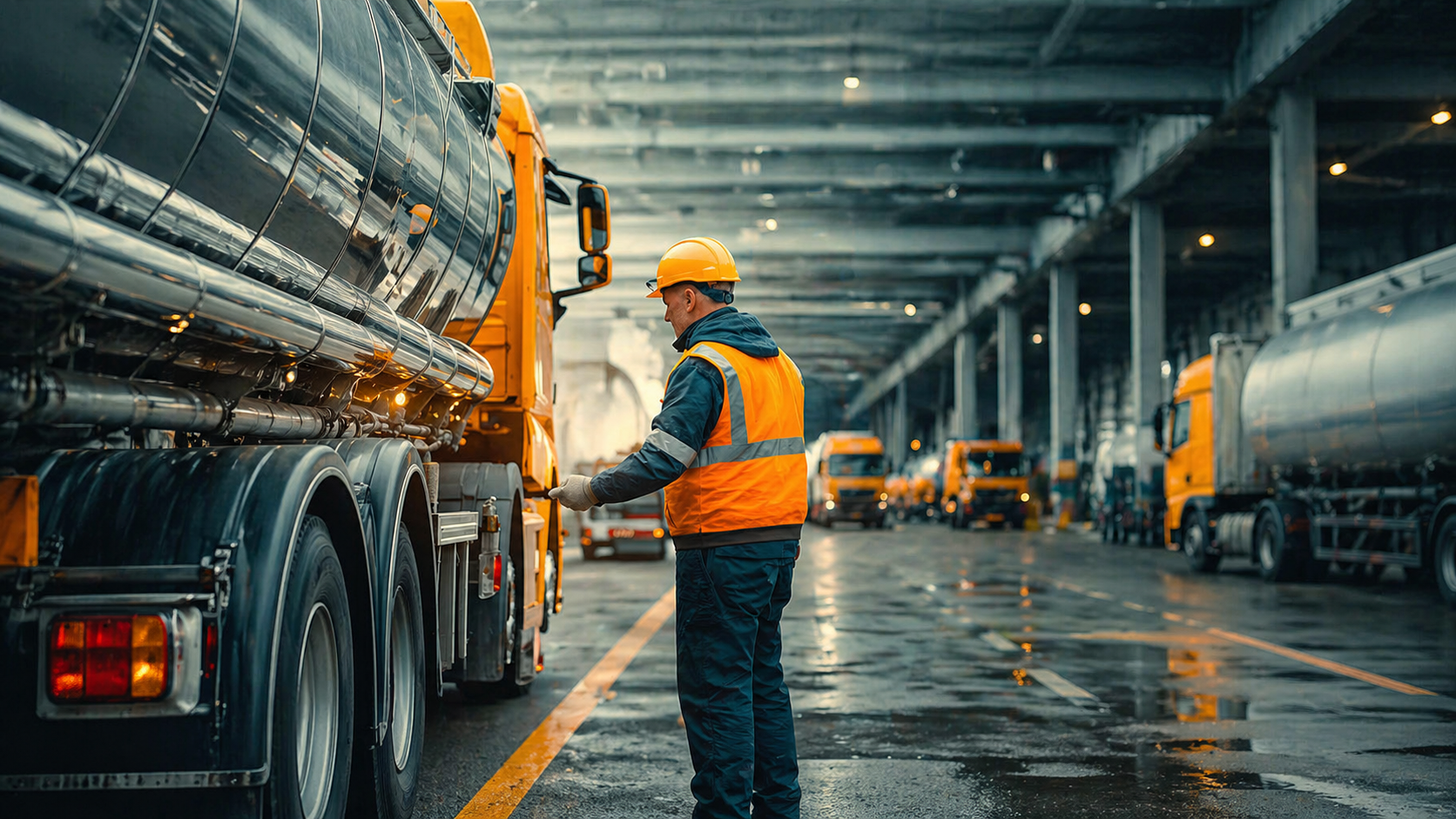 Man in high visibility vest and hardhat standing in an industrial area inspecting an oil tanker truck